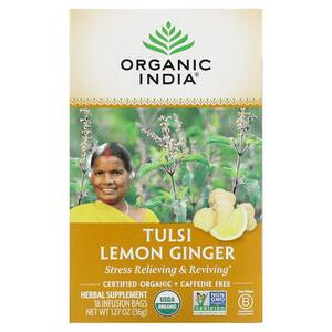 올가닉 인디아 Organic India, 툴시 차, 레몬 생강, 카페인 없음, 티백 18개입, 36G 1.27OZ)