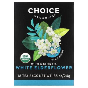 Choice Organic Teas, 화이트 녹차, 화이트 엘더플라워, 티백 16개, 24G 0.85OZ)