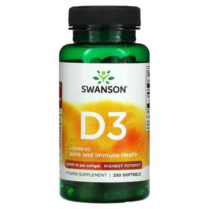 스완슨 Swanson, 비타민D3, 뼈 및 면역력, 고효능, 5,000IU, 소프트젤 250정