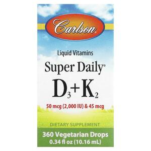 칼슨 Carlson, 액상 비타민, Super Daily D3 + K2, 25MCG 1,000IU 및 22.5mcg, 식물성 드롭 360방울, 10.16ML 0.34FL oz)